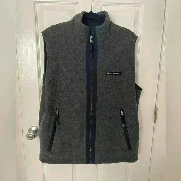 Abercrombie Fitch Vest Men's XL Navy Blue Gray Reversible Nylon Fleece Full Zip - Picture 1 of 14